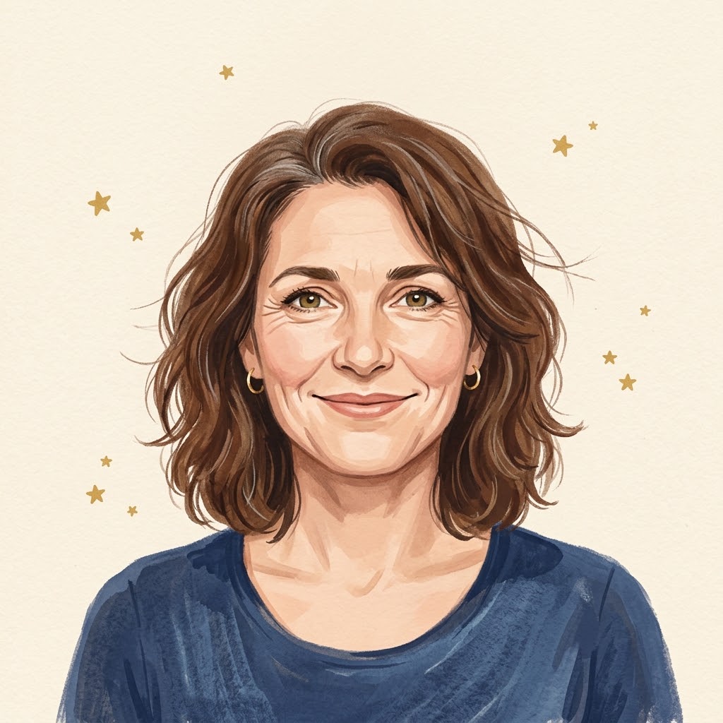 Portrait illustré d’Estelle Marsan, souriante, cheveux châtains ondulés, pull bleu nuit, entourée de petites étoiles dorées.